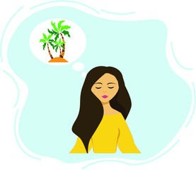 Vector illustration of a girl is dreaming about vacation
