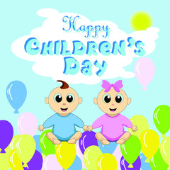 Vector illustration for World Children's day. Babies boy and girl