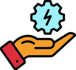 Power Electricity Development Vector Color Icon Design, Hand with thunderbolt charged gear design, Industrial and Electrical engineering Symbol. 