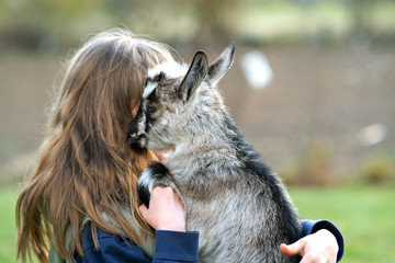 Pretty happy child girl playing with small kid goat at farm yard.