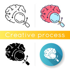 Briefing icon. Analytical brain. Investigate for smart solution. Knowledge and intelligence. Mental health. Psychotherapy treatment. Linear black and RGB color styles. Isolated vector illustrations
