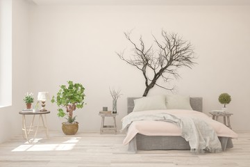 White bedroom interior with decorated wall. Scandinavian design. 3D illustration