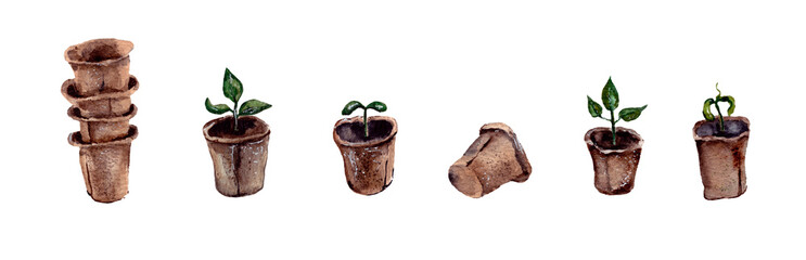hand-drawn watercolor illustration . gardening supplies. containers for growing plants, garden pots for seedlings of brown color. seedlings of plants in disposable pots. isolated