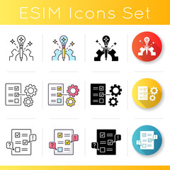 Project experiment icons set. Technical task. Edit for document. Development progress. Innovation for work process. Linear, black and RGB color styles. Isolated vector illustrations