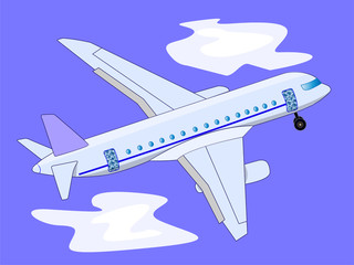 A drawn airplane is flying in the sky. Illustration