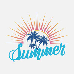 Naklejka premium Summer logo template with hand lettering, emblem, sticker, badge. Summer illustration with the sun and palm trees.
