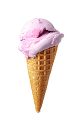 Blueberry ice cream in waffle cone isolated on white.