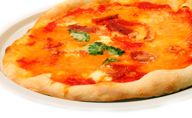 italian pizza with tomatoes and cheese and green leaves of basil