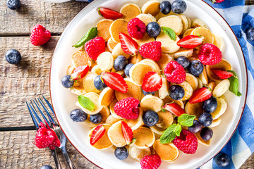 Trendy mini pancakes, Breakfast Cereal Pancakes with various summer fruit and berry