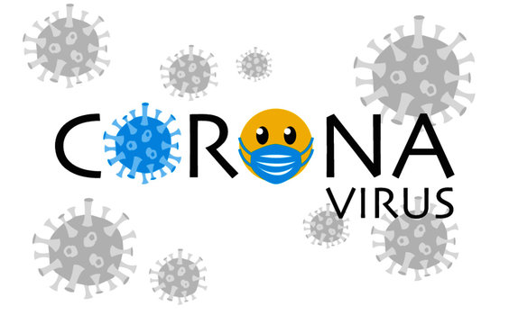 Corona Virus, Virus blau, Smiley, Mundschutz blau, Hintergrund Virus grau