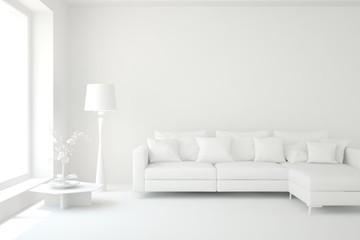 White minimalist living room with sofa. Scandinavian interior design. 3D illustration