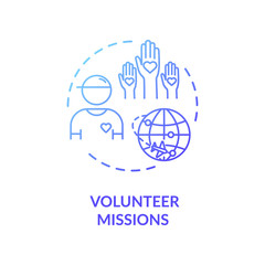 Obraz premium Volunteer mission concept icon. People in need worldwide support. Voluntary abroad service. Charity organization idea thin line illustration. Vector isolated outline RGB color drawing