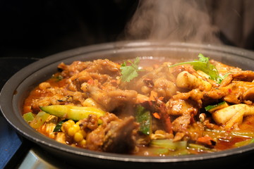 close up tasty bullfrog hot pot in darkness. Chinese food. Blur background 