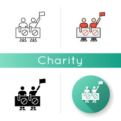 Human right protection icon. People protest. Public demonstration. Activist fight for freedom. Picket to raise awareness. Linear black and RGB color styles. Isolated vector illustrations