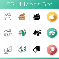 Social support icons set. Humanitarian ais. Food bank. National park. Medical research. Environment protection. Microscope test. Linear, black and RGB color styles. Isolated vector illustrations
