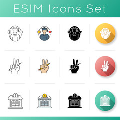 Financial donation icons set. Student support. Education fund. Press freedom. Public library. Financial contribution. Linear, black and RGB color styles. Isolated vector illustrations