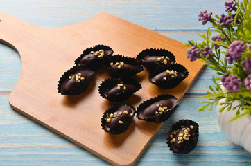Traditional homemade almond london cookies on the wooden background. Selective focus.