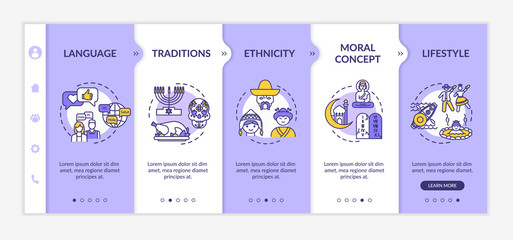 Obraz na płótnie Canvas Multiculturalism onboarding vector template. National tradition. Multiethnical lifestyle. Culture and history. Responsive mobile website with icons. Webpage walkthrough step screens. RGB color concept