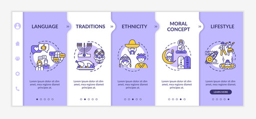Fototapeta premium Multiculturalism onboarding vector template. National tradition. Multiethnical lifestyle. Culture and history. Responsive mobile website with icons. Webpage walkthrough step screens. RGB color concept