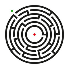 Black circle vector maze isolated on white background. Black round labyrinth with green entrance and red target. Vector maze icon. Labyrinth symbol. Circle puzzle