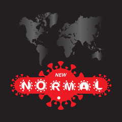 New normal logo concept word and world globe with Coronavirus red white banner background illustration. New normal after COVID-19 concept background disruption human lifestyle vector illustration.