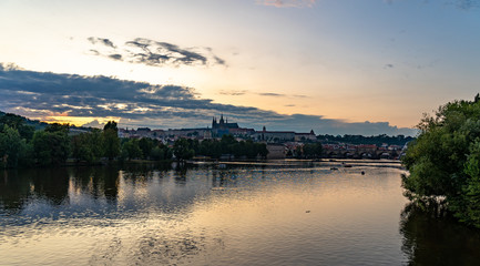 Obraz na płótnie Canvas Scenic panorama cityscape view of Moldava river boat Prague in Czech Republic.