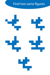 Find two identical figures, fun education game for children, preschool worksheet activity for kids, task for the development of logical thinking, vector illustration