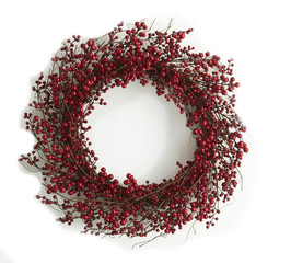 Circle Wreath Christmas Decoration RedBerry Wreath. Festive Faux Berry Wreath isolated. Wreath Twisted Wood Decoration, Isolated Christmas Wooden.
