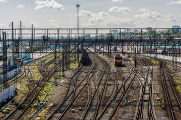Irkutsk train station with train and coal wagon, Siberian trainstation