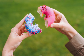Close-up of two donuts in hands blue and pink color. Half the donut is eaten. The girl folded two halves of the donut into one. Against the background of green grass. Whole donut made up of two halves