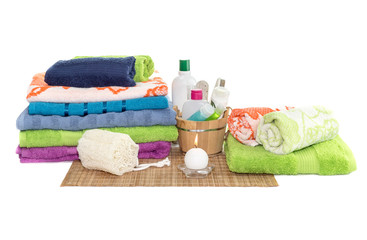 Personal hygiene items, towels different colors and natural sponge