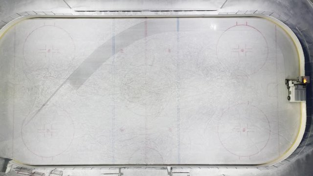 Aerial view of the ice resurfacer to clean and smooth the surface of a sheet of the ice rink