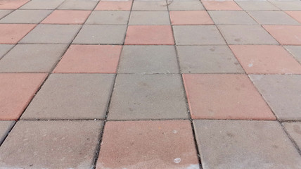 Fototapeta premium The view of the sidewalk is made of red and gray cement.