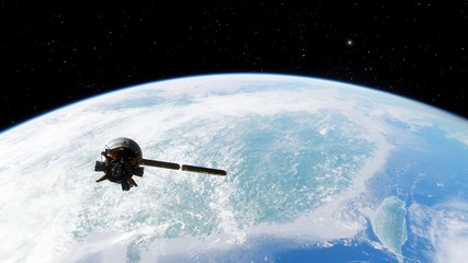 realistic satellite in orbit of the Earth, artificial satellite of telecommunications, satellite communications from Earth orbit, probe in Earth orbit 3d render © Aleksandr
