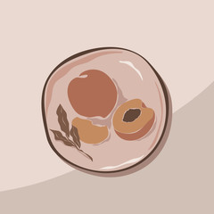 Peach hand-drawn art illustration. Nature fruit icons with leaves of pastel colors. Natural food symbols with plate isolated on table. Abstract drawing composition. Realistic image design.