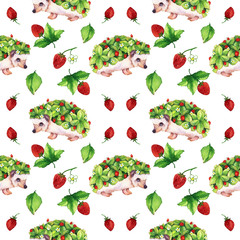 Watercolor Strawberry Digital Paper, Hedgehog Clipart, Hand Drawn, Seamless Pattern, Scrapbook Paper, Botanical Print, Berries Pattern