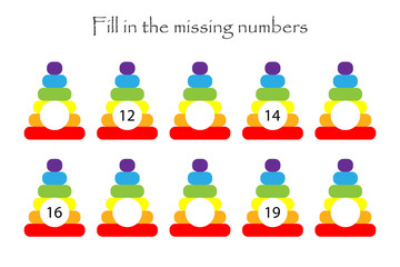 Game with pyramids for children, fill in the missing numbers, easy level, education game for kids, school worksheet activity, task for the development of logical thinking, vector illustration