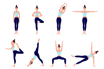 Set of slim sportive young woman doing yoga and fitness exercises. Crowd of tiny people performing yoga exercises. 