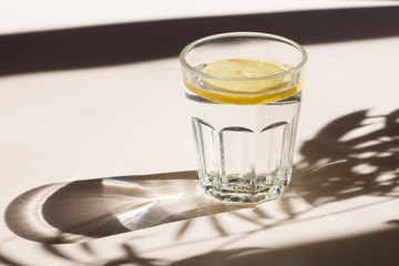 glass of water with lemon slices on beige background with sunlight and deep shadow of palm leaves, summer lemonade, Ice drink, copy space