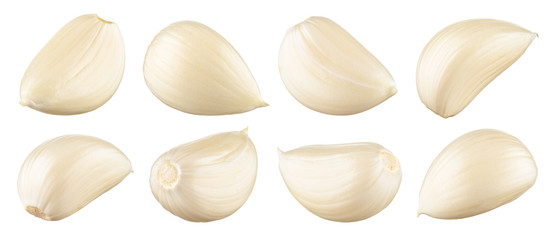 Garlic white background. Garlic cloves on white. Garlic clove isolated. White garlic. Set.