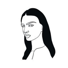 One line girl or woman portrait. Minimalist simple icon of female silhouette of face. Abstract linear icon. Hand drawn vector illustration. Design logo for beauty salon, tattoos, decorations.