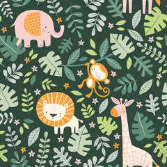 Cute jungle animals and leaves seamless pattern. Summer children vector background illustration. Tropical rainforest foliage.  © mgdrachal