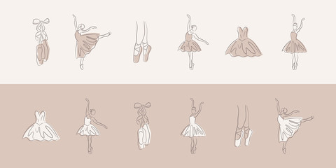 Ballet line icons. Elegant beige hand-drawn art shapes of ballerina, pointe shoe and dress. Linear brush sketch with shadow silhouettes. Pastel contour drawing templates. Outline theater symbols. - obrazy, fototapety, plakaty