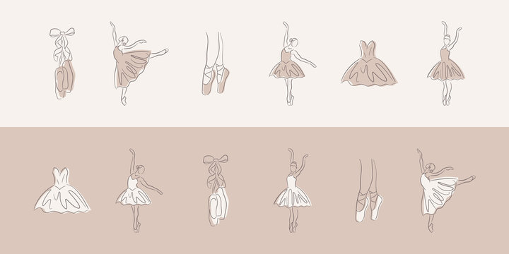 Ballet Line Icons. Elegant Beige Hand-drawn Art Shapes Of Ballerina, Pointe Shoe And Dress. Linear Brush Sketch With Shadow Silhouettes. Pastel Contour Drawing Templates. Outline Theater Symbols.