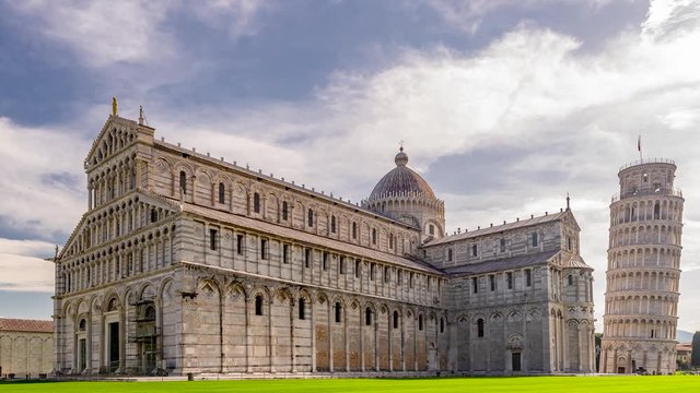 The famous Piazza dei Miracoli square and the leaning tower, in the historic center of Pisa, Italy, completely deserted due to the Covid-19 coronavirus pandemic. Time lapse motion