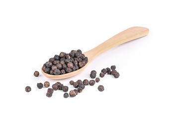 Black pepper in spoon wooden  isolated on white background