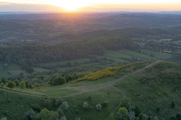 Fototapeta premium Malvern Hills countryside aerial view at sunset with hiking trails