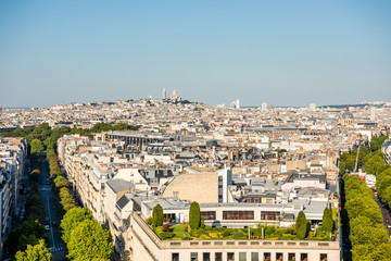 Fototapeta na wymiar Aerial view of the old town of Paris, from the top of the Arc de Triomphe at the Champs-Elysees Avenue in Paris, France
