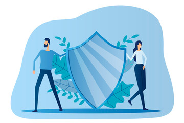 A man and a woman hold a shield.Concept of data protection and insurance.Flat vector illustration.