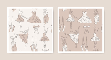 Ballet outline seamless patterns set. Hand-drawn art line icons of ballerina, pointe shoe and dress. Linear brush sketch texture with shadow silhouettes. Contour drawing theater wallpaper design.